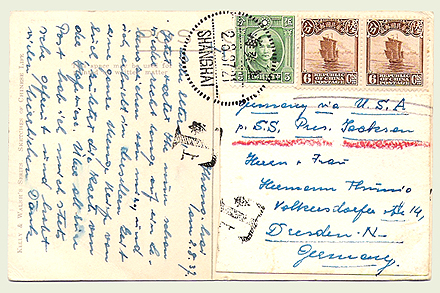 Postkarte von Shanghai nach Dresden aus dem Jahr 1937