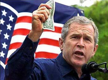 Georg W. Bush winkt mit einerm Dollarschein