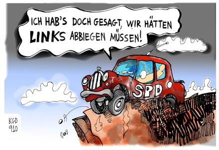 Kostarikatur vom 5.10.09 die spd vor dem abgrund Ich habs doch gesagt wir hätten links abbiegen müssen